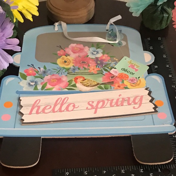 Hello Spring Blue Pick Truck MDF Hanging Wall Sign - Picture 4 of 13